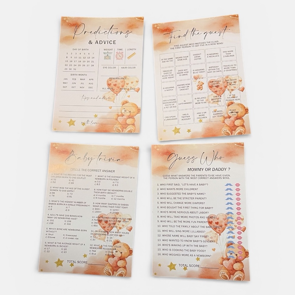 Baby Shower Game Cards with Teddy Bear Design (Set of 30) Front & Back 60 Total